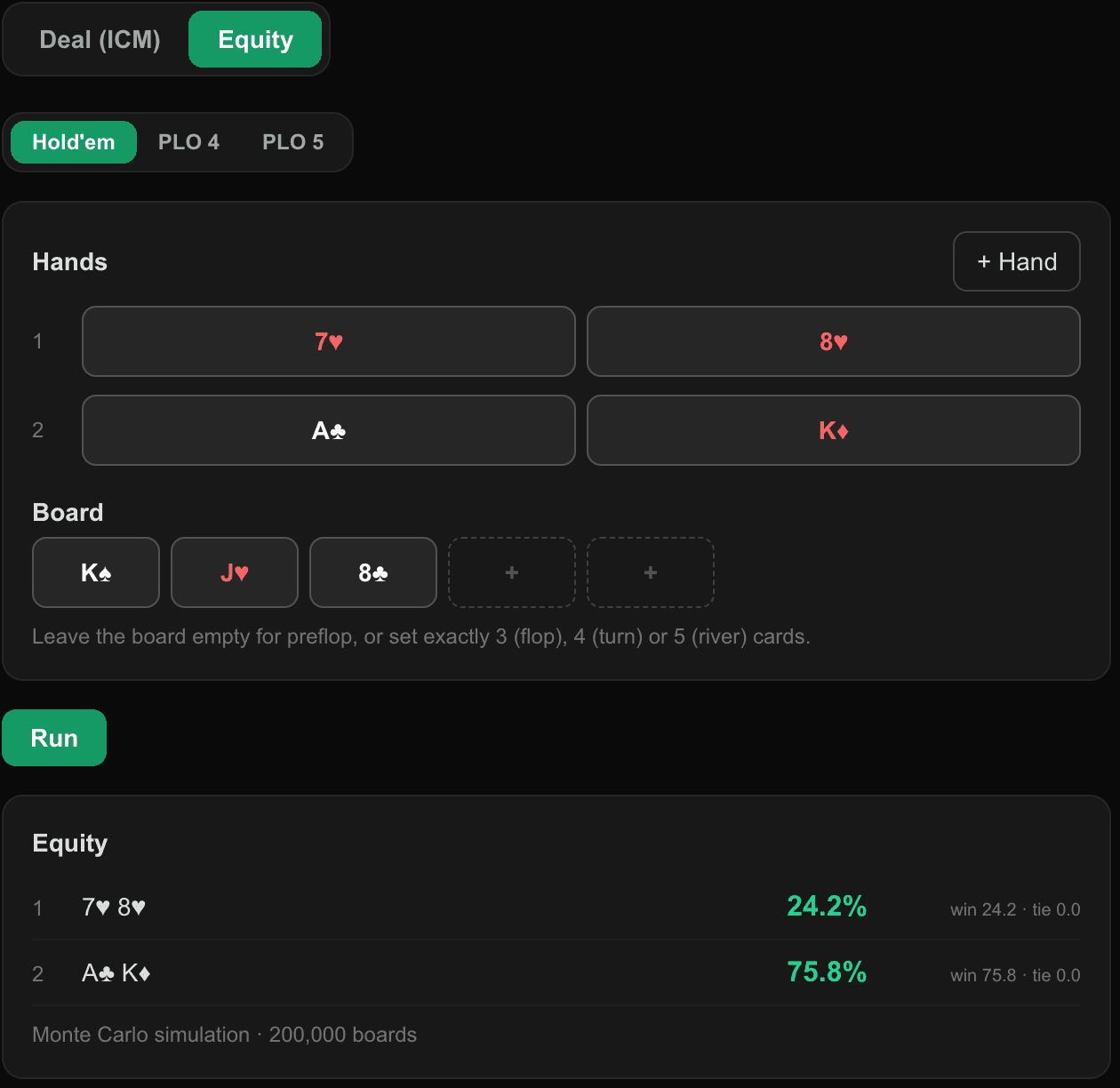 The poker tools screen